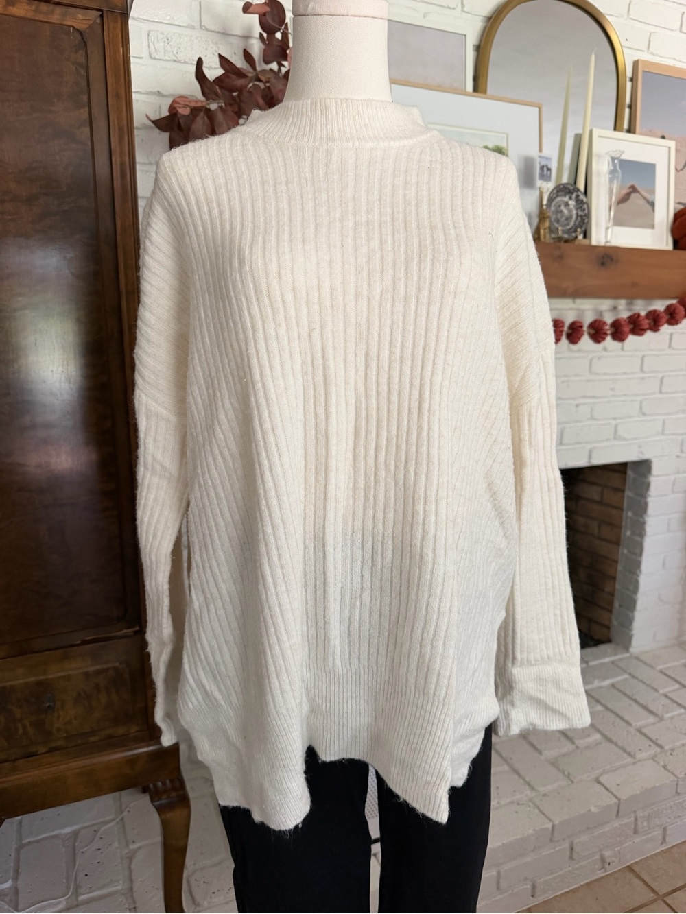 H&M Cream Ribbed Oversized Crewneck Sweater